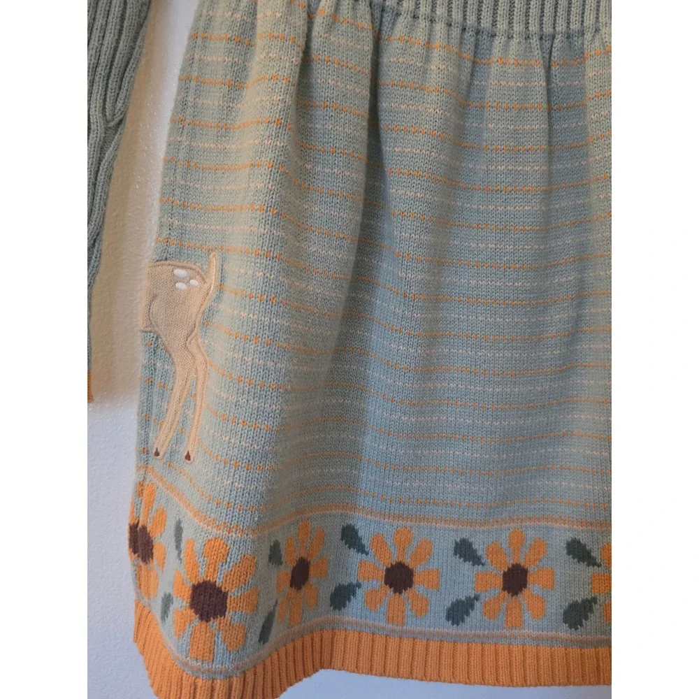 Cynthia Rowley Kids Blue Knit Fawn Deer Sunflower Sweater Dress Size S 5/6